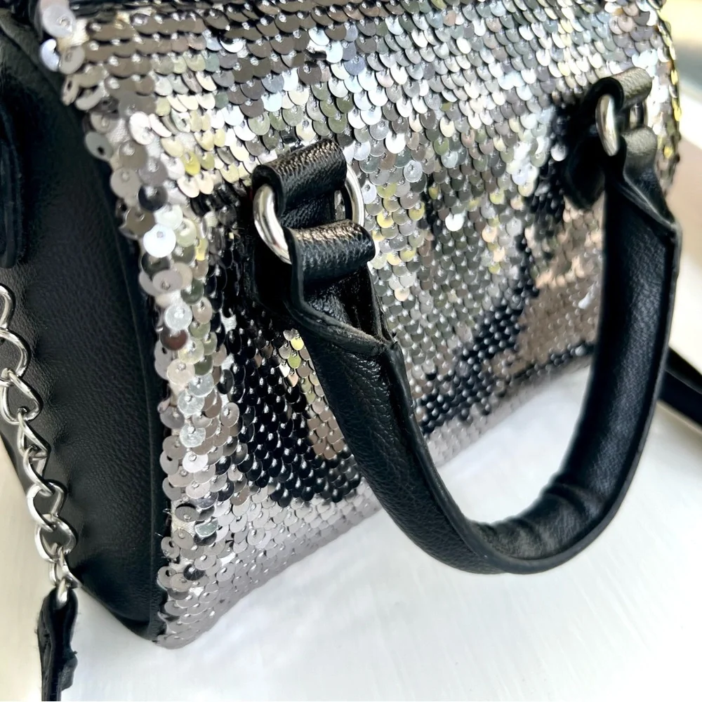 NEW Justice Silver Sequin Black Purse Crossbody Bag Shoulder Strap Zipper Clutch